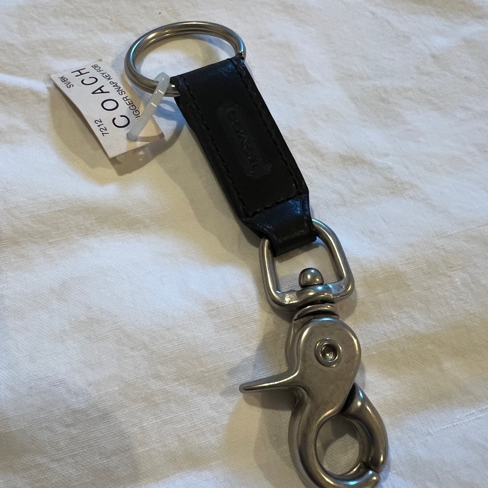 Coach Black Leather and Brushed Silver Key Chain/Accent